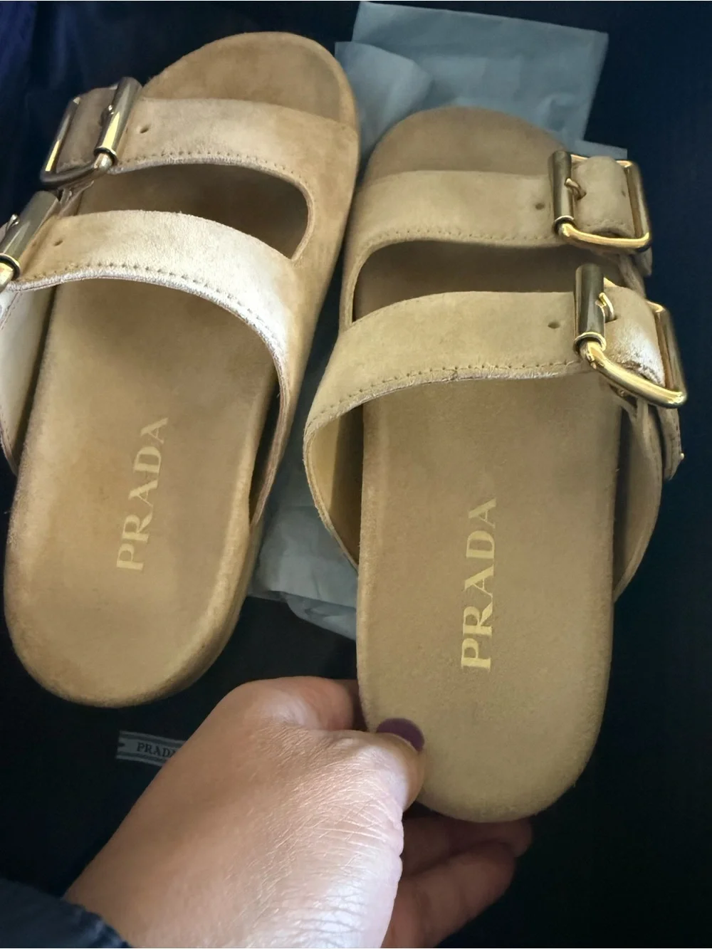 Prada Beige Suede Double-Buckle Lug Sandals with Gold Buckles - Picture 2 of 7